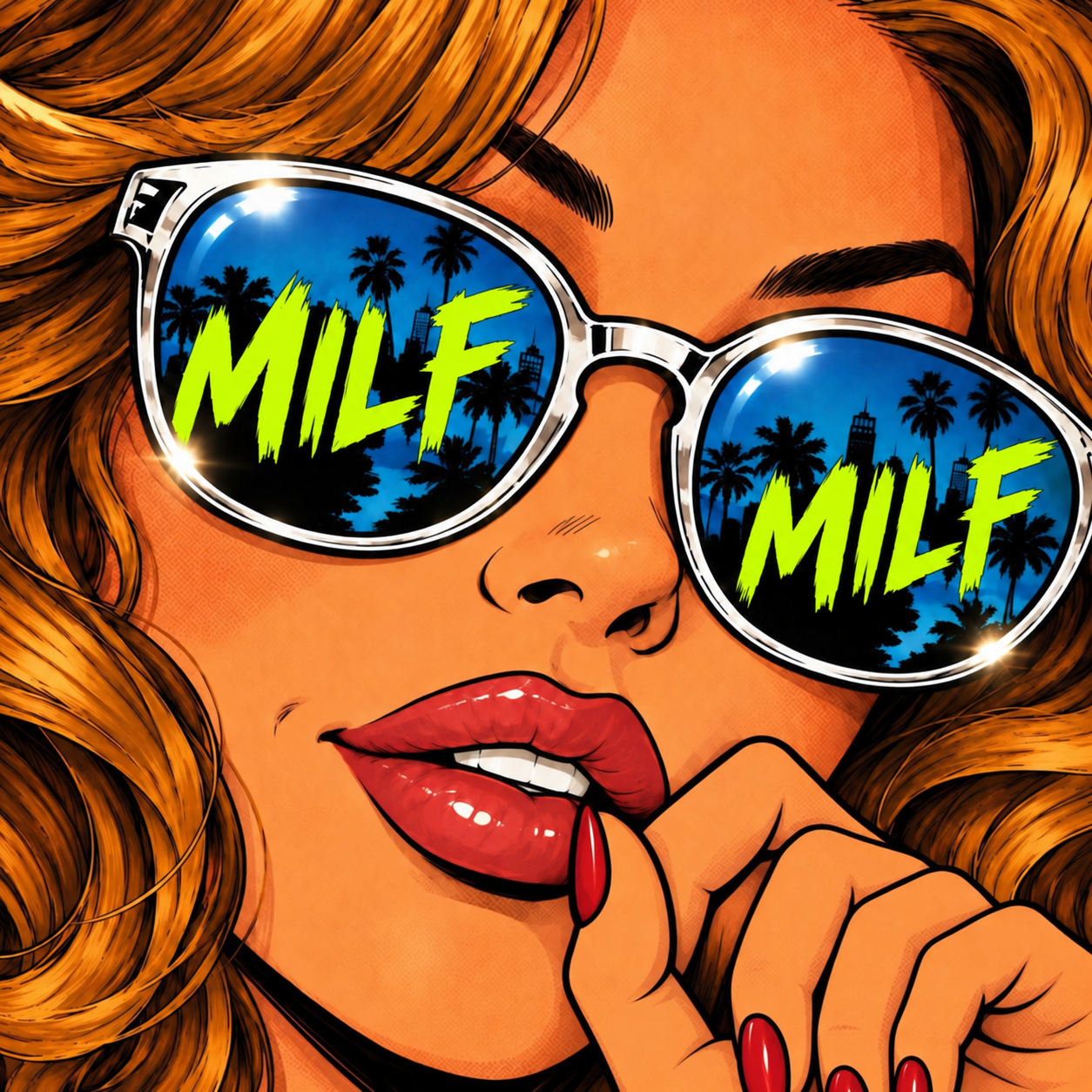 MILF character lowering her sunglasses with a knowing smile inside a car.