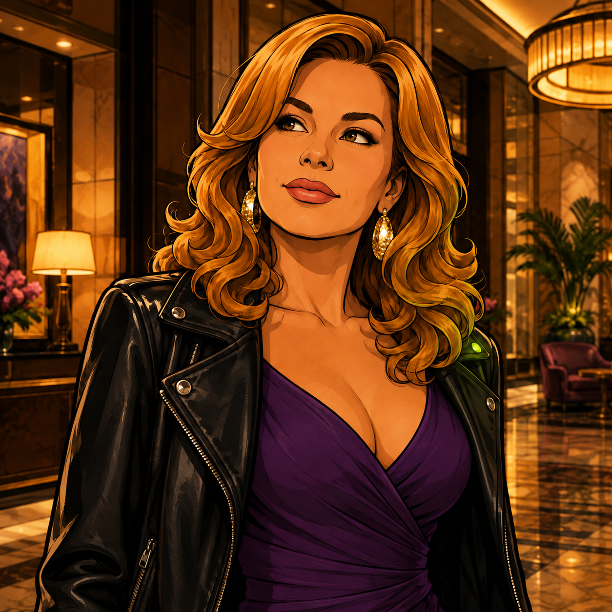 MILF character wearing a leather jacket in an elegant hotel lobby.