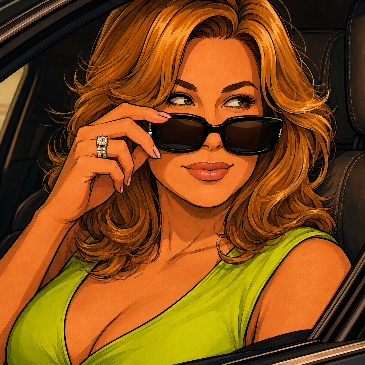 MILF character lowering her sunglasses with a knowing smile inside a car.