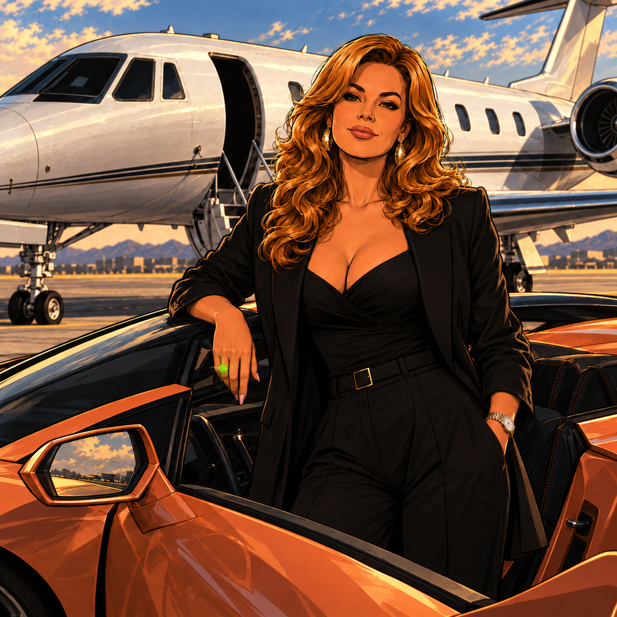MILF character near business jet.